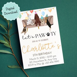 Printable Dog birthday party invitation, Puppy pawty dog theme party invite, Pawty birthday party girl birthday invitation