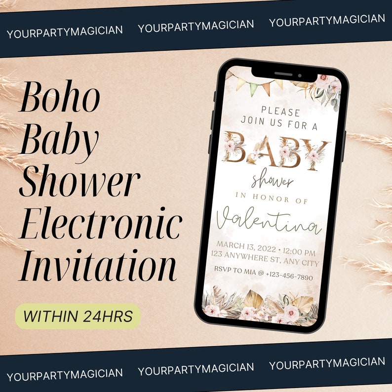Personalized Bohemian Baby Shower Electronic Invite, Pampas Grass Boho ...