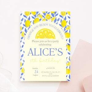 Printable Lemon birthday invitation, Amalfi lemon Italy birthday invite, Citrus Positano birthday party invitation