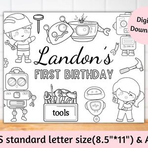 Personalized Robot Birthday coloring page for kids party favors, Robot Birthday activity sheet printable games, Birthday placemats for kids