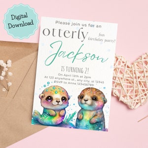 Invitación imprimible para fiesta de cumpleaños de nutria, invitación imprimible para fiesta de nutria, decoraciones digitales para fiesta de cumpleaños de nutria