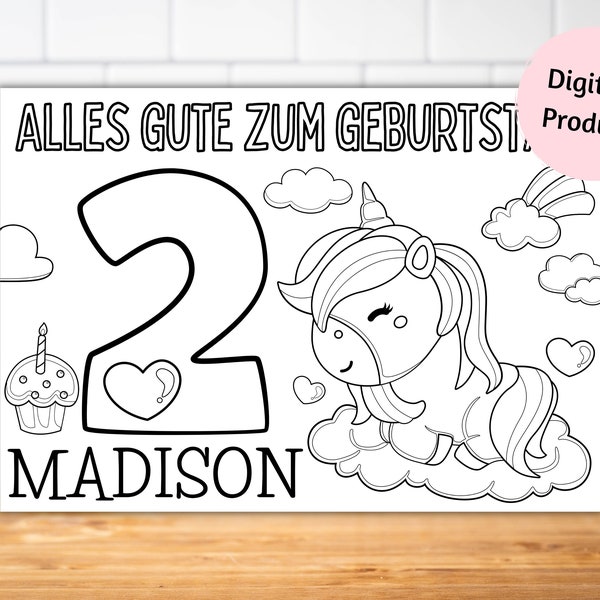 Einhorn Kindergeburtstag tischset ausmalbild, Einhorn Geburtstag platzset, Einhorn Mädchen Geburtstagparty