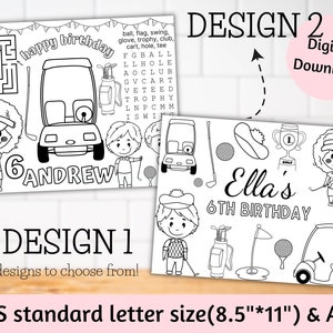 Personalized Golf birthday placemats activity sheet coloring page birthday party favors games for kids party table decor