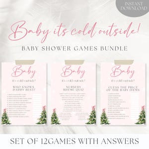May include: A set of 12 printable baby shower games with a winter theme. The games are titled "Who Knows Daddy Best?", "Nursery Rhyme Quiz", and "Guess the Price of the Baby Items". The games are pink with a white background and feature a small Christmas tree illustration.
