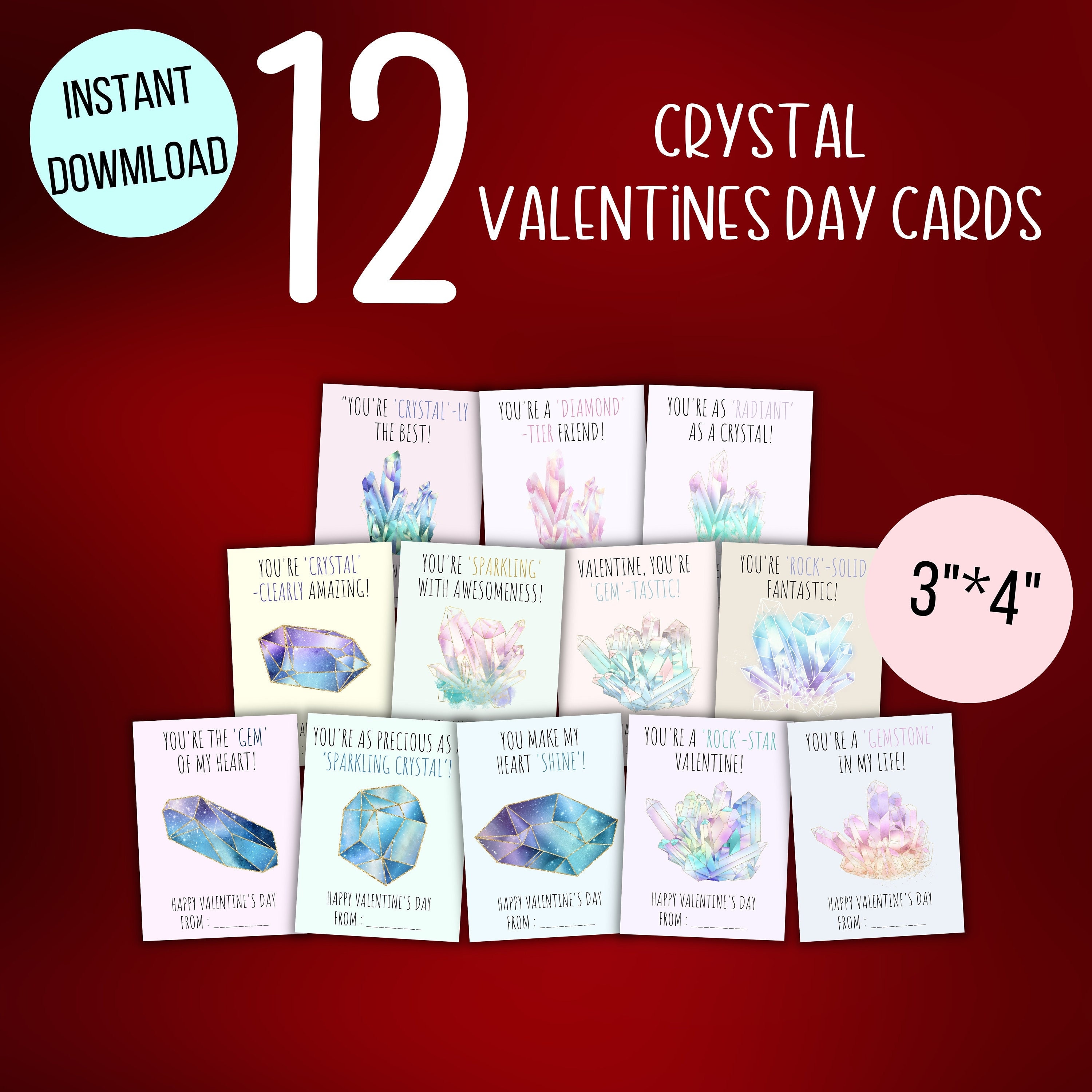 Printable Pastel Kids Geode Valentine Cards, Crystal Valentine Cards
