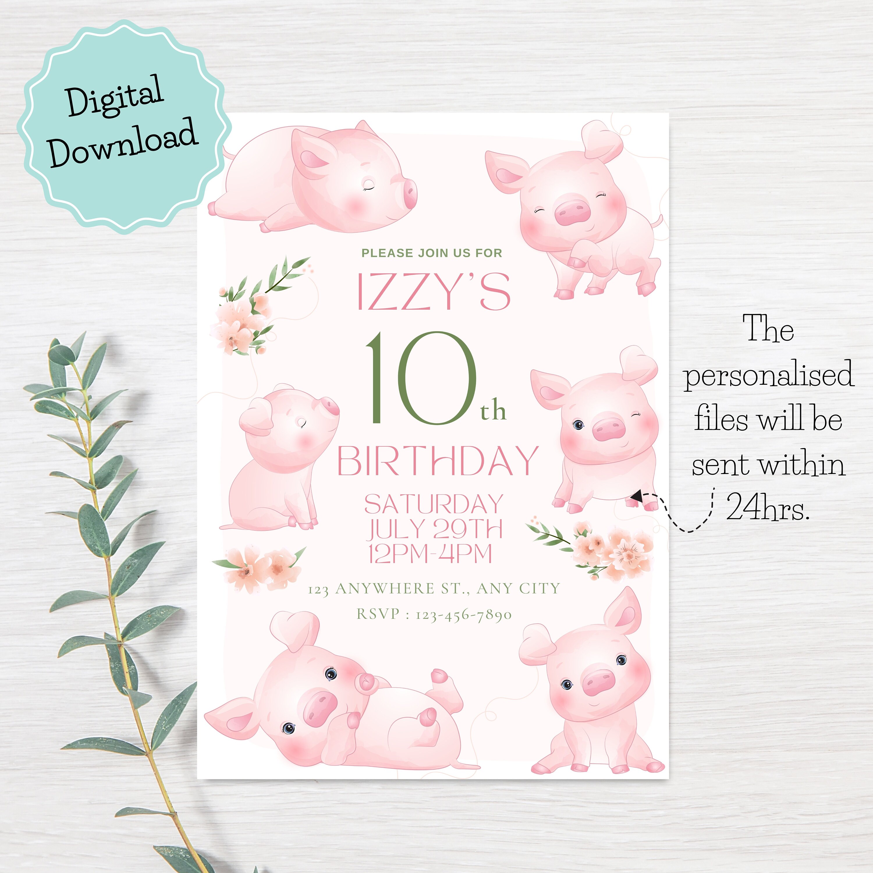 Printable Farm Party Animal Invitation, Pink Farm Pig Birthday Invite ...