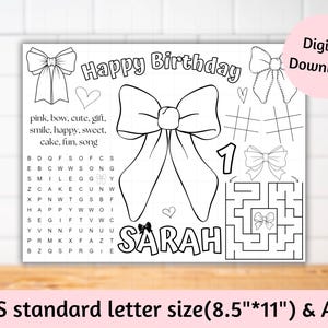 Pode incluir: Uma página para colorir imprimível com um tema de aniversário. Apresenta um grande laço, as palavras "Feliz aniversário", um caça-palavras, um labirinto e o nome "Sarah".