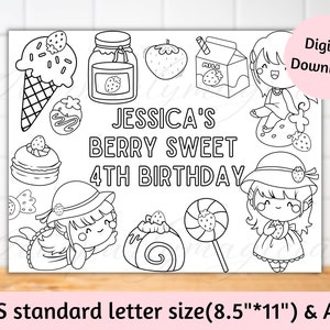 Printable strawberry placemats, Strawberry coloring sheet, Berry 1st birthday party favors, Strawberry birthday party favors