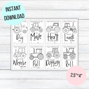 Printable Tractor Valentines Coloring Cards for School, Color Your Own ...