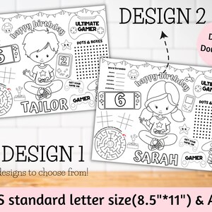 Personalized Video game coloring birthday placemats activity sheet coloring page birthday party favors games for Player party table decor