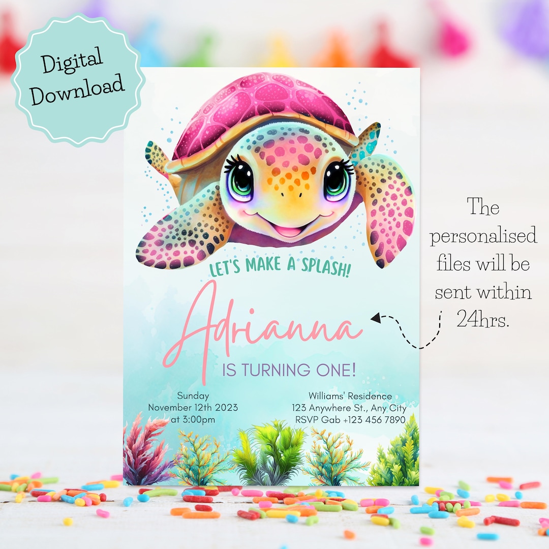 Printable Turtle Invitation, Watercolor Turtle Birthday Invite, Turtle ...