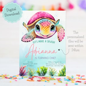 Printable Turtle invitation, Watercolor turtle birthday invite, Turtle party invite, Sea turtle Under the sea birthday celebration invite
