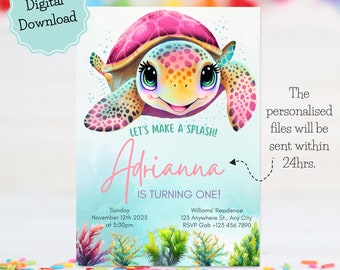 Druckbare Schildkröte Einladung, Geburtstag Einladung Aquarell Schildkröte, Schildkröte Party einladen, Meeresschildkröte Unter dem Meer Geburtstagsfeier einladen
