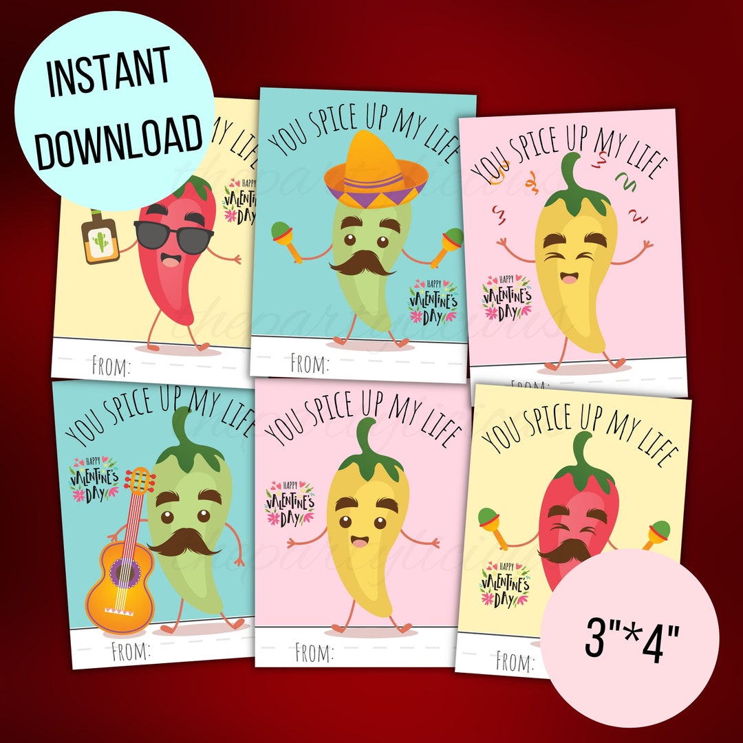 Printable Chilli Valentine Cards, Mexican Valentine Cards, Classroom ...