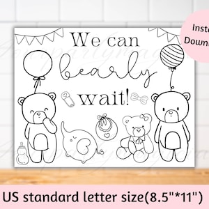 We can bearly wait baby shower activity sheet, Teddy baby shower coloring page, Printable Baby shower kids games, Teddy baby shower games