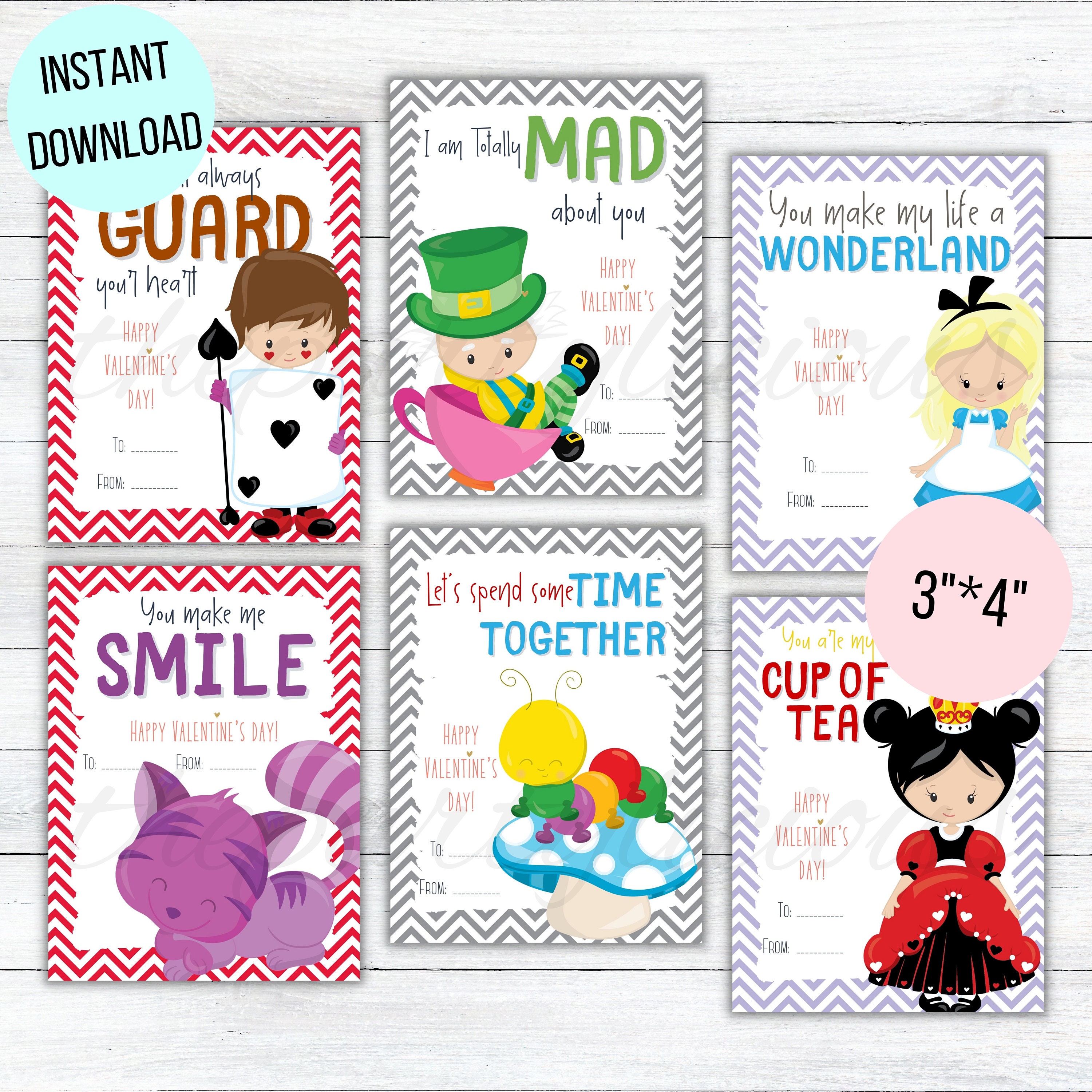 Printable Alice in Wonderland Valentine's Day Cards, Alice School Classroom Valentine Cards ...