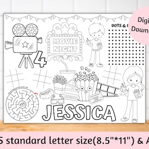 Personalized Movie night party games favors activity sheet coloring page birthday placemats party games Movie place mat