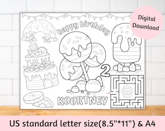 May include: Black and white line art birthday coloring page with the words "happy birthday" and the name "Kourtney". The image includes a cake, lollipops, donuts, and a maze.