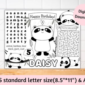 Printable Panda activity sheet, Panda coloring placemats, Panda birthday placemat, Panda party games for kids, Panda placemats