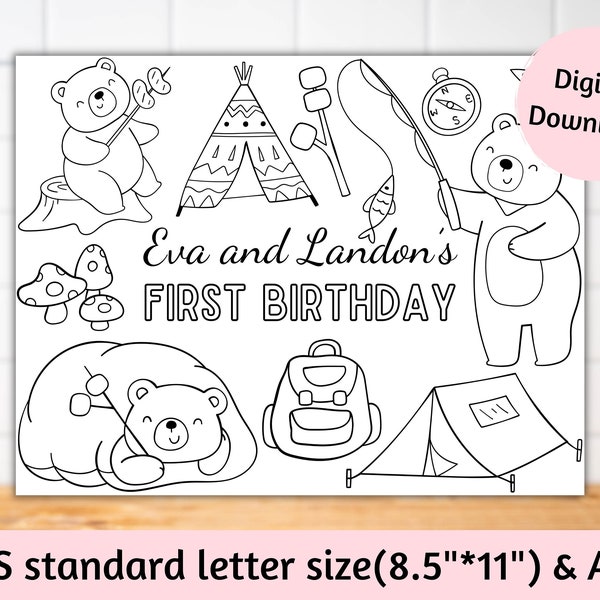 Personalized Camping coloring page for kids, Bear camping birthday party favors, Lumberjack activity sheet, Bear camp birthday games