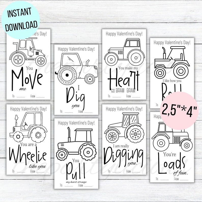 Printable Tractor Valentines Coloring Cards for School, Color Your Own ...