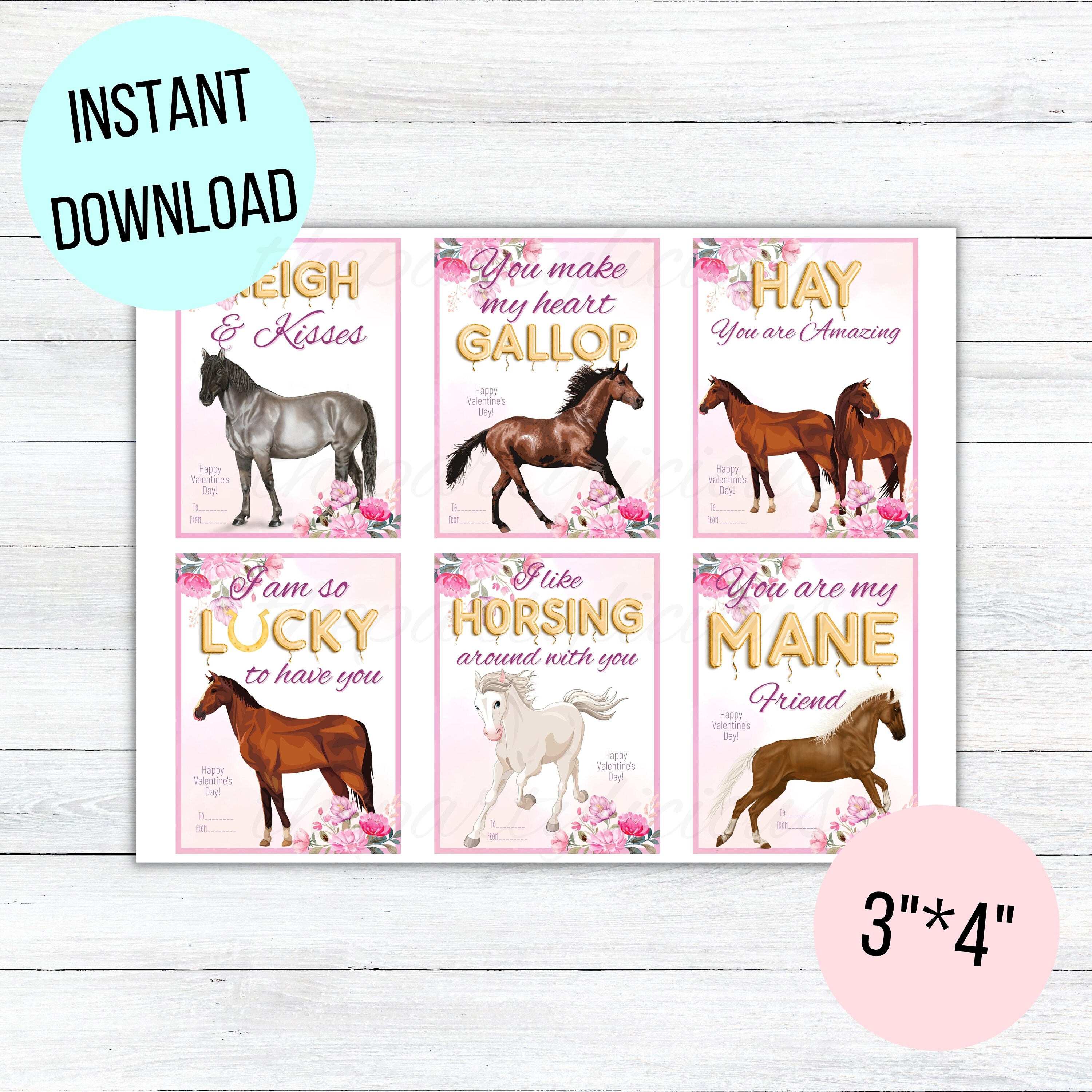 Printable Horse Kids Valentine Cards for School, Cute Horse Valentine's ...