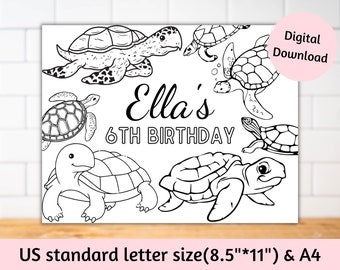 Könnte beinhalten: Schwarz-weißes druckbares Malbuch mit einem Schildkröten-Motiv und dem Text "Ella's 6th Birthday".