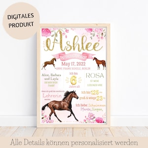 Personalisiert Rosa Pferde Chalkboard Einschulungstafel 1.Schultag geschenk, Chalkboard Einschulung Pferde Mädchen erster schultag tafel