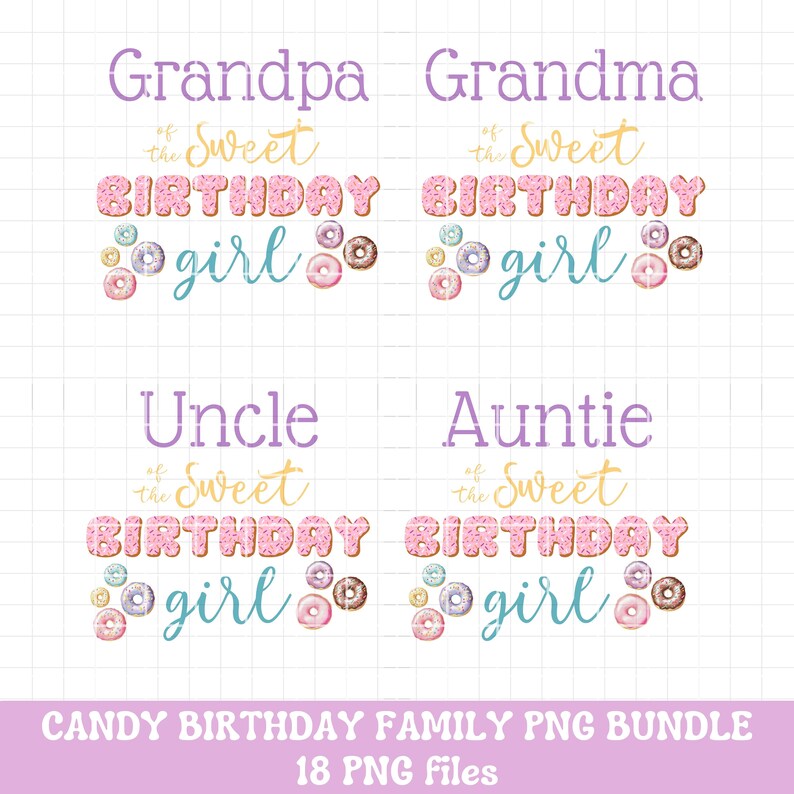 May include: A set of four digital designs featuring the text "Grandpa of the Sweet Birthday girl", "Grandma of the Sweet Birthday girl", "Uncle of the Sweet Birthday girl", and "Auntie of the Sweet Birthday girl". Each design features a pink donut with sprinkles and a blue and white donut with sprinkles.