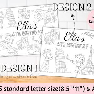 Personalized Adventure Travel birthday placemats activity sheet coloring page birthday party favors games for kids party table decor