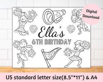 Personalized Girl cheerleader coloring page activity sheet, Cheerleader birthday placemats, Cheerleader birthday party favors games for kids