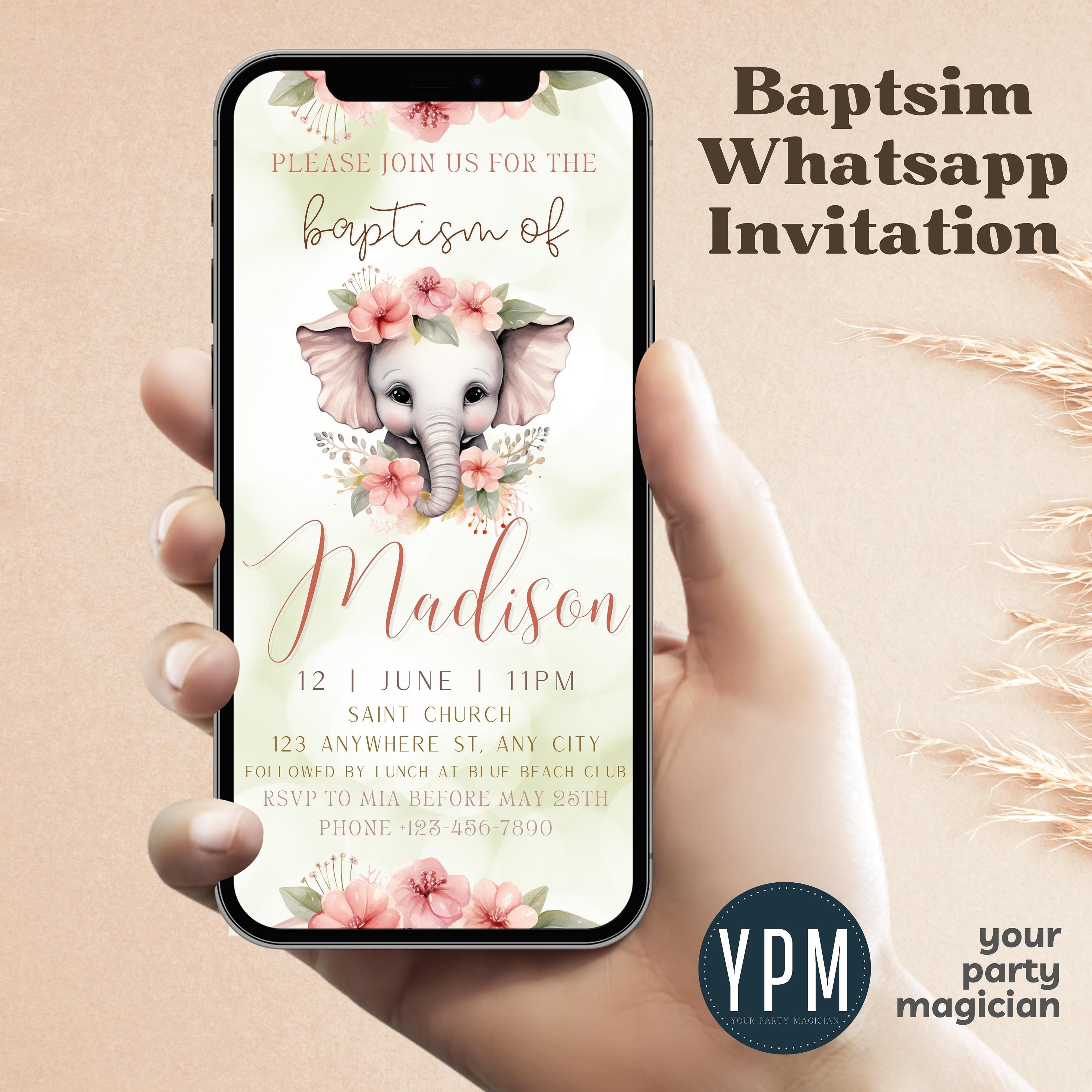 Personalized Floral elephant baptist electronic invite, Floral boho elephant Whatsapp evite, Elephant Baptism text message invite