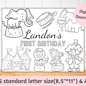Personalized Circus birthday coloring page, Circus activity sheet, Circus birthday placemats, Carnival birthday coloring page