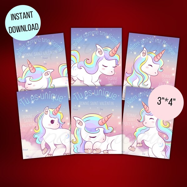 FRENCH Einhorn Valentinstag, School classroom Valentine cards, Unicorn Valentine cards, French Saint Valentin, INSTANT DOWNLOAD