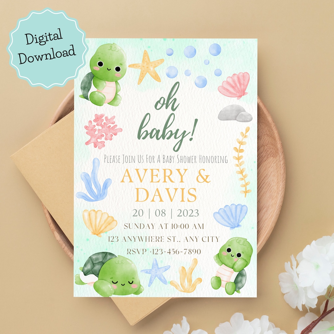 Printable Ocean Sea Turtle Baby Shower Invitation, Watercolor Sea ...