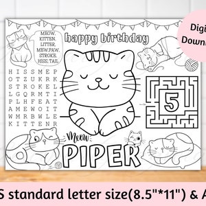 Personalized Cat activity sheet Kitty birthday party favors Cat animals birthday party coloring page Let&#39;s party cat kitten birthday