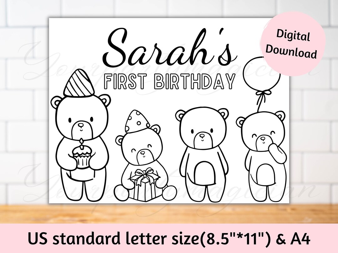 Personalized Teddy Bear Coloring Page Birthday Placemats Activity Sheet