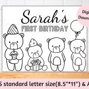 Personalized Teddy bear coloring page birthday placemats activity sheet Baby shower party favors for kids