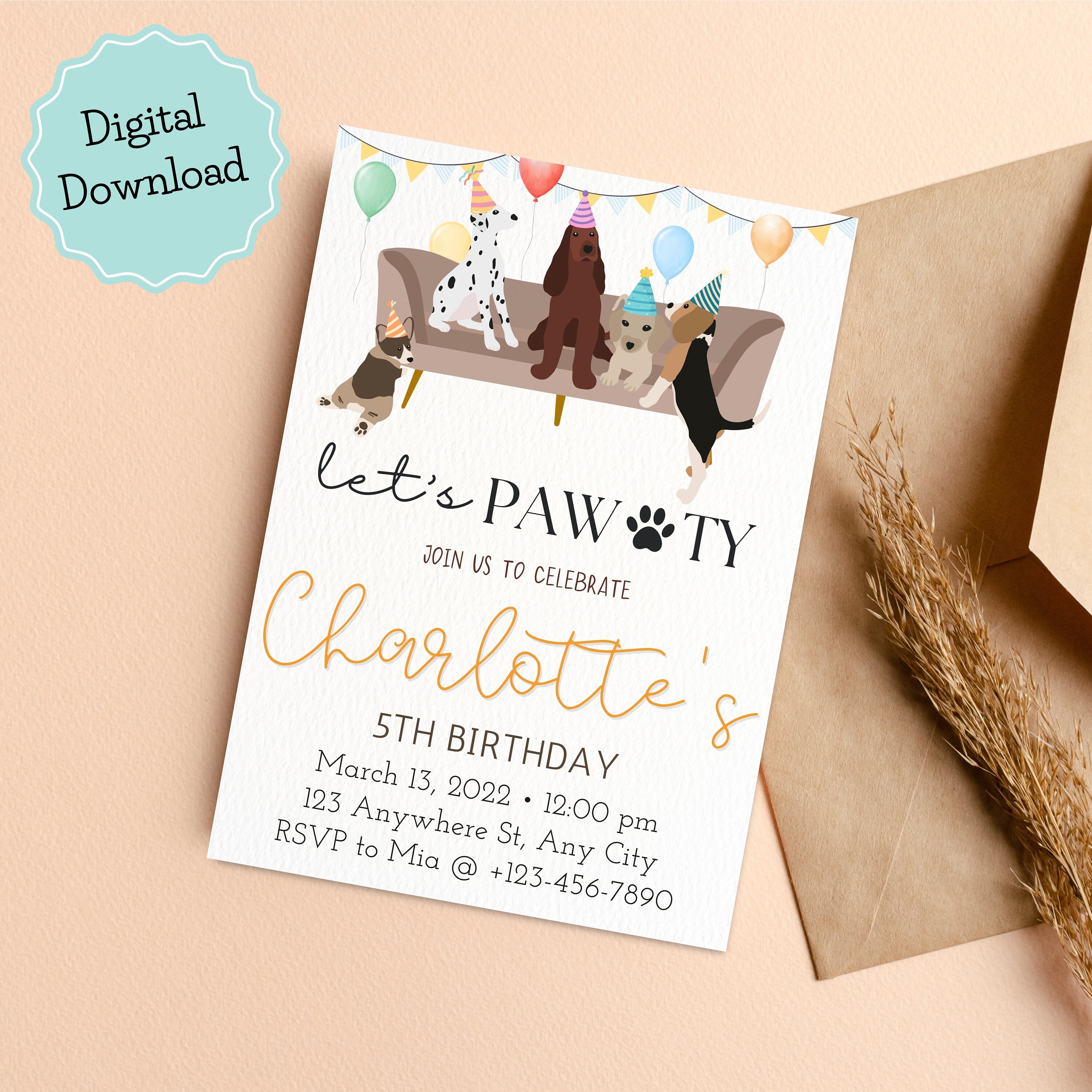 Printable Dog Birthday Party Invitation Puppy Pawty Dog Theme - Etsy