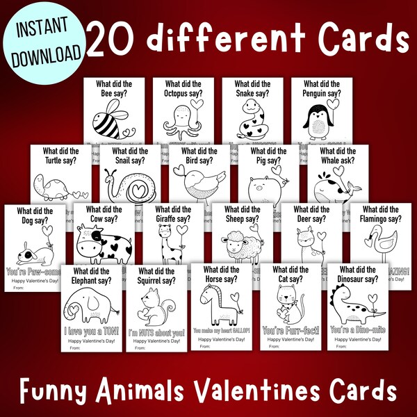 Funny Animals Coloring cards, Color your own Valentines, Funny Animals Valentine Coloring cards, Animals Valentines tag, INSTANT DOWNLOAD