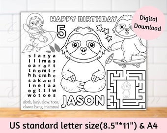 Personalized Sloth placemats, Sloth birthday party favors, Sloth activity sheet, Sloth coloring sheet, Sloth party table decor