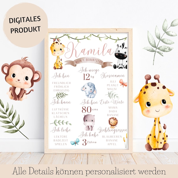 Personalisiert Baby Safari Dschungel Meilensteintafel 1.,2 Geburtstag geschenk, Tiere Kinderzimmer deco Erster Geburtstag Meilensteinposter