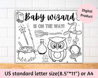 Hoja de actividades para colorear de mago mágico personalizada, manteles individuales para baby shower de la escuela de magia, juegos de recuerdos para fiestas de bebés de magos infantiles para niños