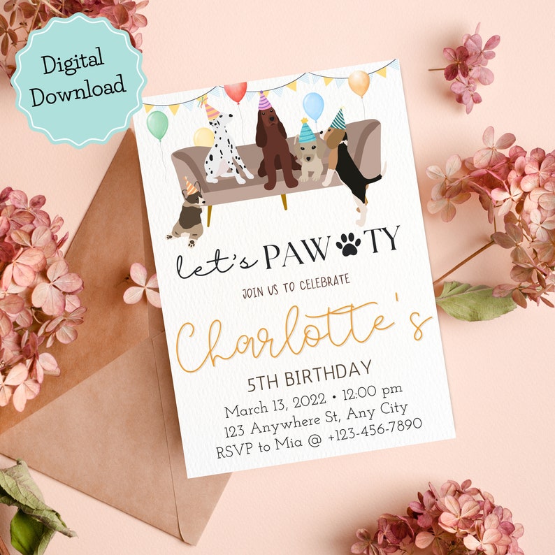Printable Dog Birthday Party Invitation, Puppy Pawty Dog Theme Party ...
