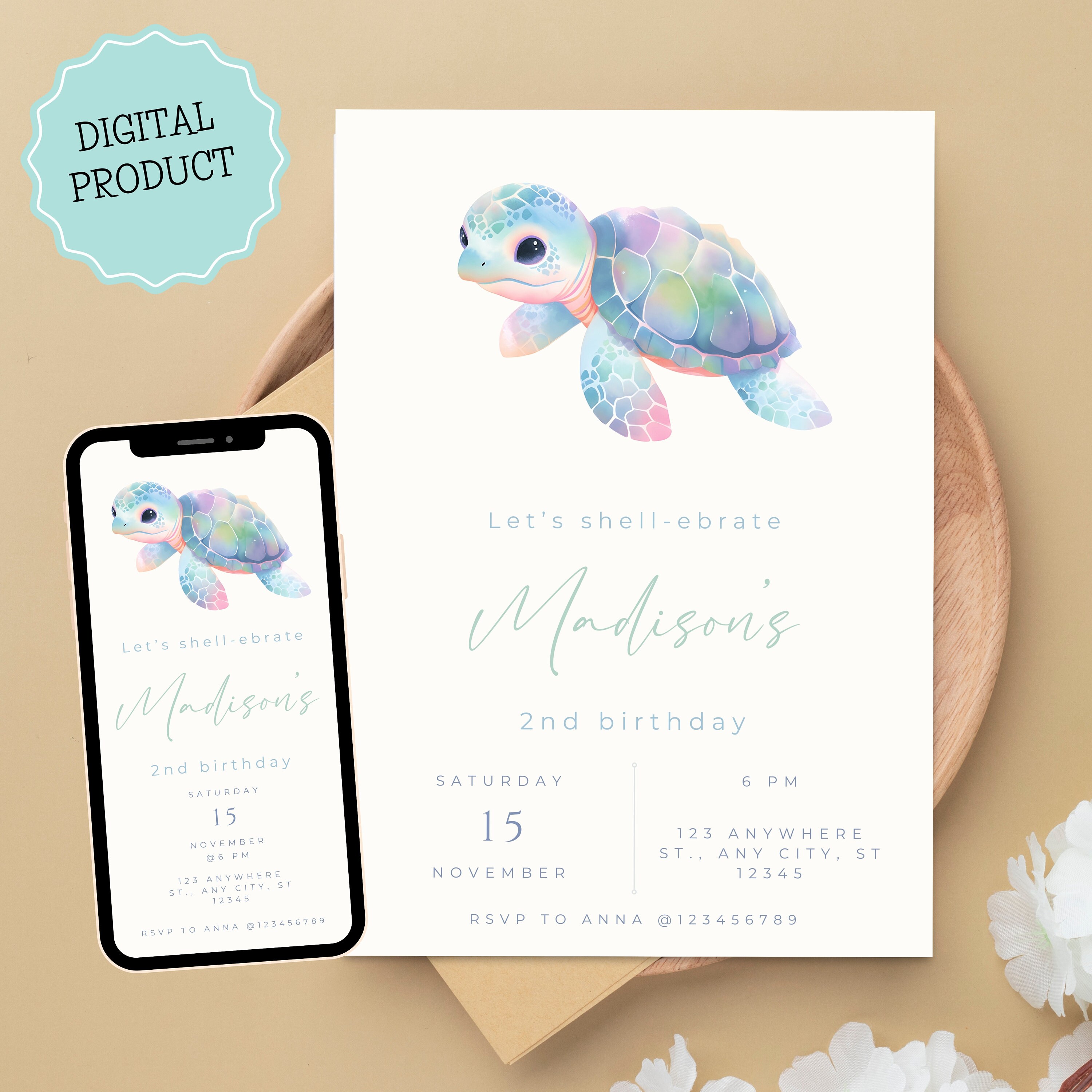 Printable Turtle Invitation, Watercolor Turtle Birthday Invite, Turtle ...