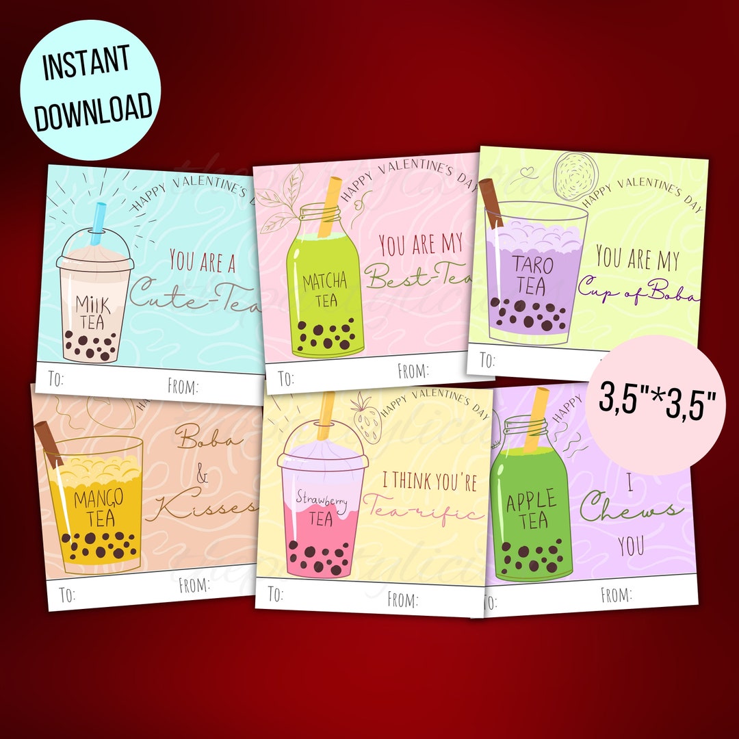 Printable Boba Tea Valentine s Day Cards For School Bubble Tea Valentines Gift Tags Asian Boba