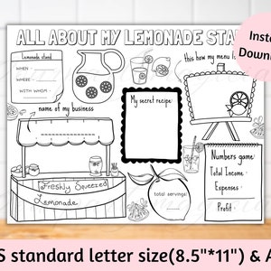 Printable Lemonade stand Activity sheet, Lemonade Stand coloring page, Lemonade stand Journal, Lemonade Stand Summer pretend party