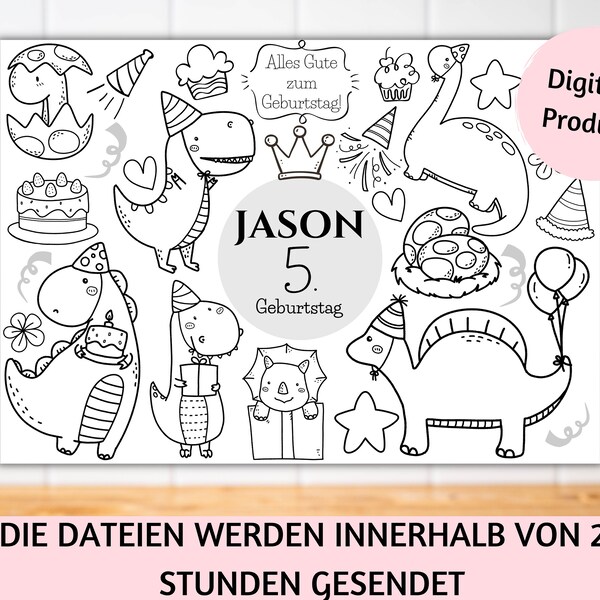 Digitale Dinosauriergeburtstag Tischset, Ausmalen Kindergeburtstag, Dino Geburtstagsspiele, Dino Trex Geburtstagsfeier, Geburtstagparty PDF