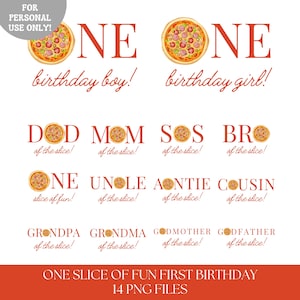 May include: A digital design featuring pizza graphics and text for a first birthday celebration. The design includes phrases like "birthday boy!" and "birthday girl!" along with family titles such as "Mom" and "Dad".