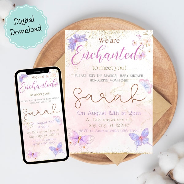 We are enchanted to meet you baby shower party invitation, Enchanted baby party invite, Enchanted butterfly baby shower invite